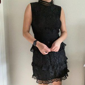 Black Floral Lace Ruffle Tiered Cocktail Dress